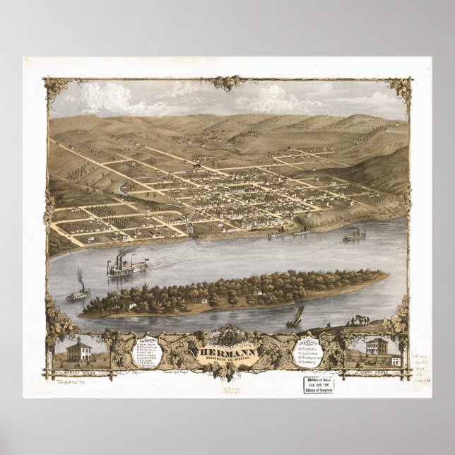 Hermann Missouri 1869 Antique Panoramic Map Poster (Front)
