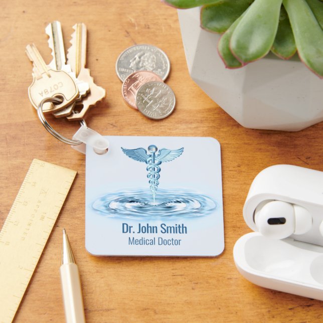 Hermes Rod Caduceus Blue Water Ripples Medical Key Ring (Desk)