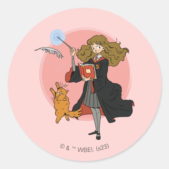 Hermione and Crookshanks Wingardium Leviosa Classic Round Sticker (Front)