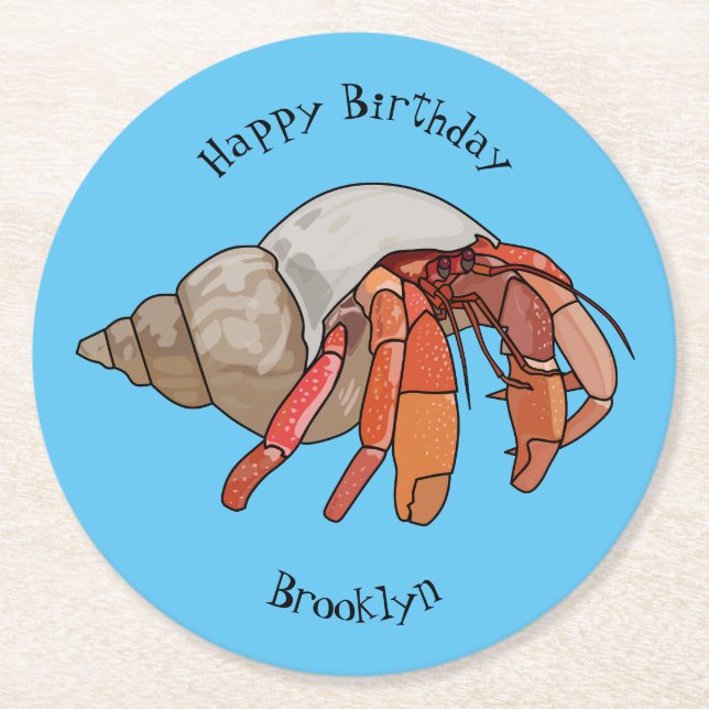 Hermit crab cartoon illustration round paper coaster (Front)