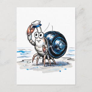 Hermit Crab Waving Cheerfully in Marine Ink Illust Postcard