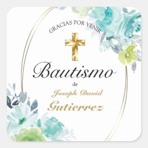HERMOSO BAUTIZO BEBÉ CRUZADO DE ORO FLORAL AZUL SQUARE STICKER