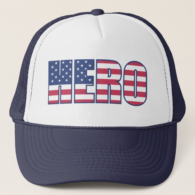 HERO American Flag Patriotic Red White Blue Trucker Hat (Front)