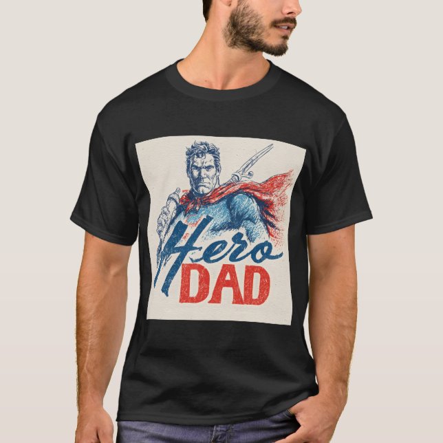 "Hero Dad" Superhero Illustration with Baby Bottle T-Shirt (Front)