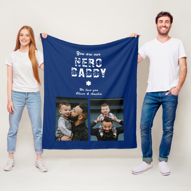 Hero Daddy Father`s Day 2 Photo Collage Fleece Blanket (In Situ)