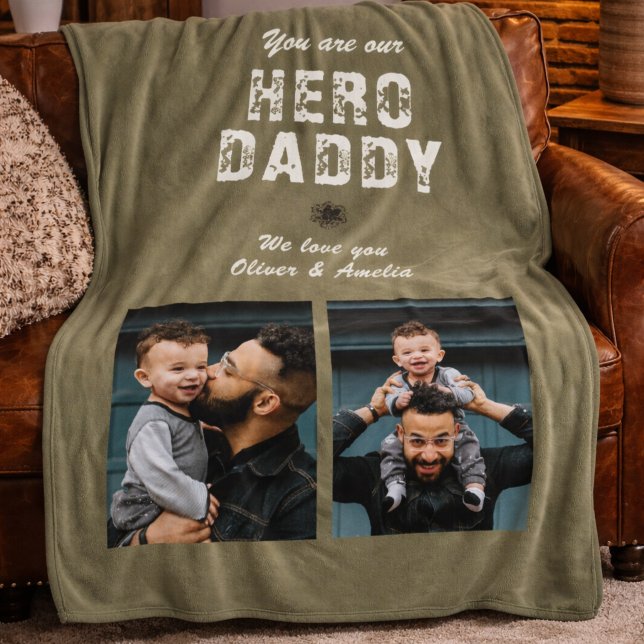 Hero Daddy Father`s Day 2 Photo Collage Fleece Blanket (Creator Uploaded)