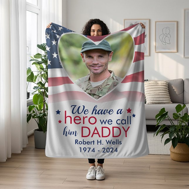 Hero Daddy Veteran Personalised America Flag Fleece Blanket (Creator Uploaded)