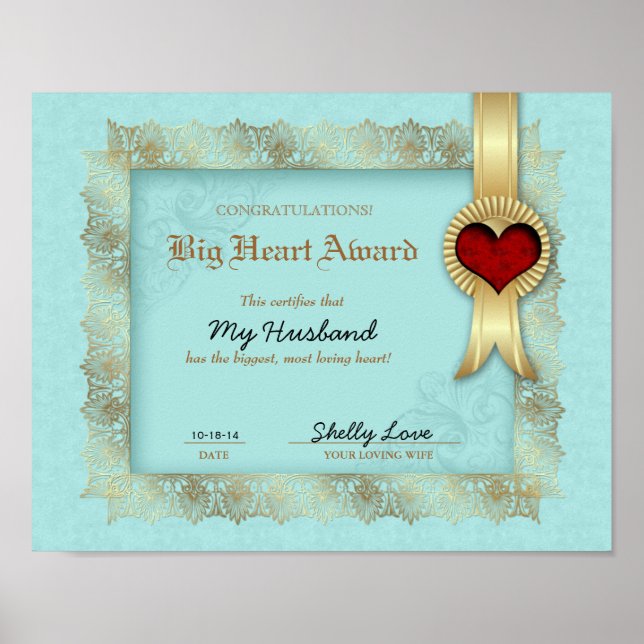 Hero Heart Award Certificate Best Husband Poster (Front)