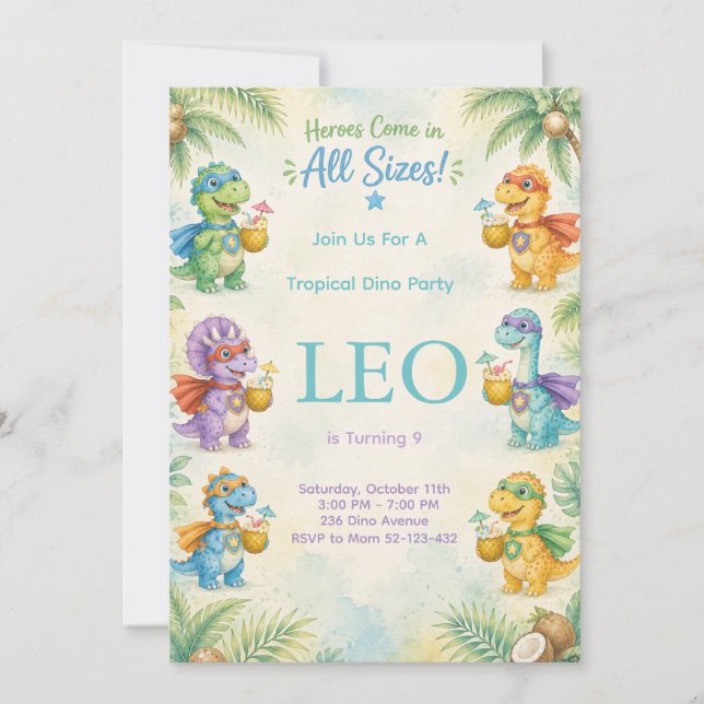 Heroes Come in All Sizes Dinosaur Birthday Invitation (Front)