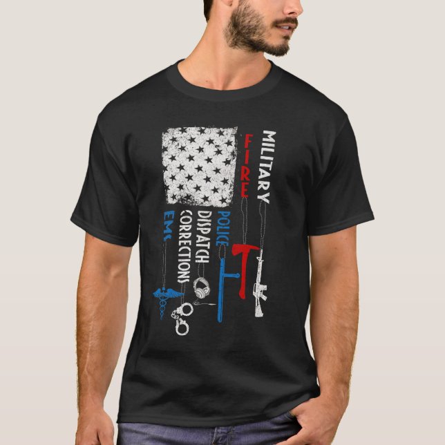 Heroes Flag EMS Corrections Dispatch Police Fire M T-Shirt (Front)