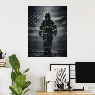 Heroic Firefighter Walking Through Smoke poster