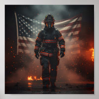 Heroic Firefighter with American Flag Patriotic