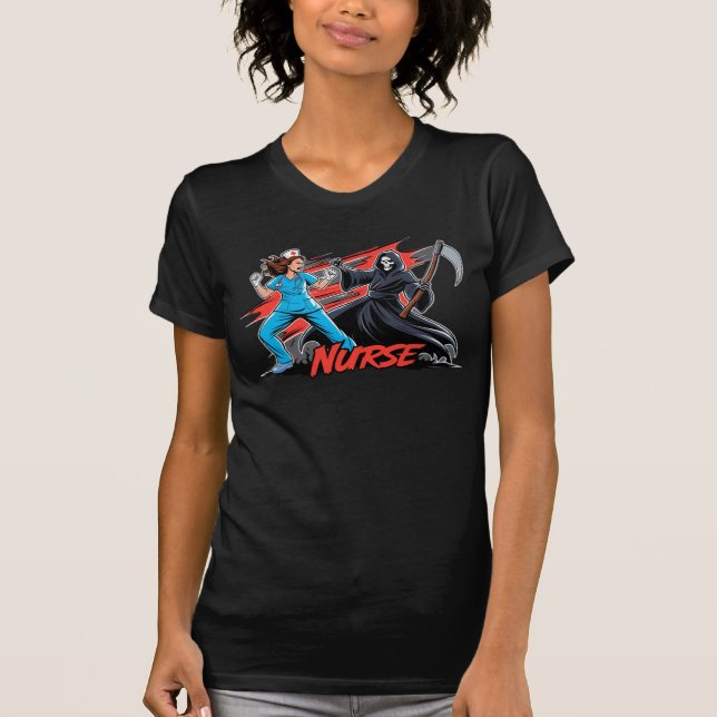 Heroic Nurse vs Grim Reaper Battle – Bold Medical  T-Shirt (Front)