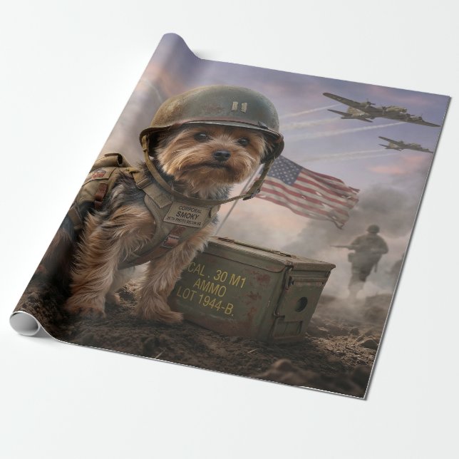 Heroic Yorkie "Corporal Smoky" WWII Military Art  Wrapping Paper (Unrolled)