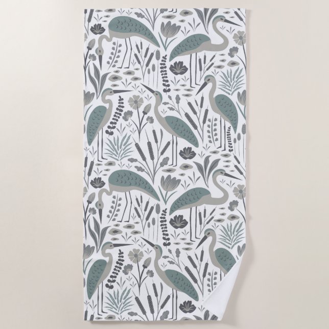 Heron and Swamp Plants Grey Monochrome Beach Towel (Front)