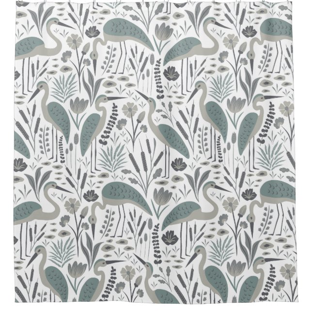 Heron and Swamp Plants Grey Monochrome Shower Curtain (Front)