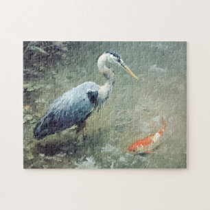 Heron and Vibrant Koi Fish Jigsaw Puzzle