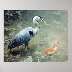 Heron and Vibrant Koi Fish Poster
