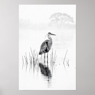 Heron at a Still Lakeshore Monochrome Poster