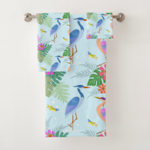 Heron Bird With Flowers Bath Towel Set