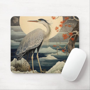 Heron in Night Ukiyo-e Japanese Art Mouse Pad