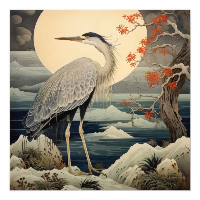 Heron in Night Ukiyo-e Japanese Art Photo Print (Front)