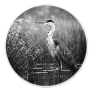 Heron in the Marsh Black and White Ceramic Knob