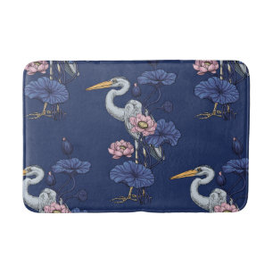 Heron in the Pink Lotus Garden on delpht blue Bath Mat