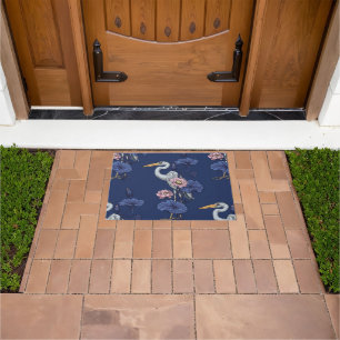 Heron in the Pink Lotus Garden on delpht blue Doormat