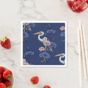 Heron in the Pink Lotus Garden on delpht blue Napkin