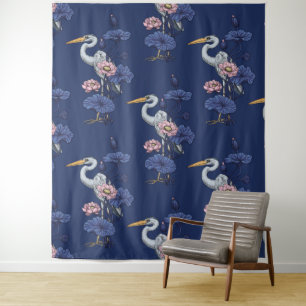 Heron in the Pink Lotus Garden on delpht blue Tapestry