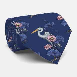 Heron in the Pink Lotus Garden on delpht blue Tie