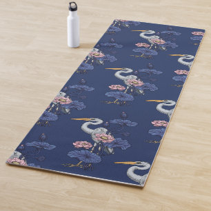Heron in the Pink Lotus Garden on delpht blue Yoga Mat