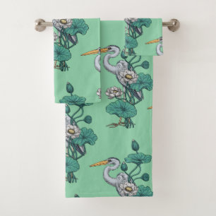 Heron in the White Lotus Garden on jade Bath Towel Set