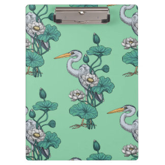 Heron in the White Lotus Garden on jade Clipboard
