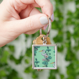 Heron in the White Lotus Garden on jade Key Ring