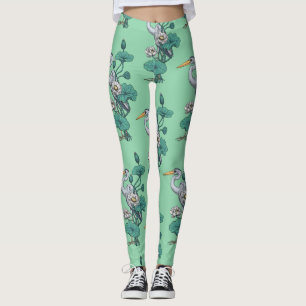 Heron in the White Lotus Garden on jade Leggings