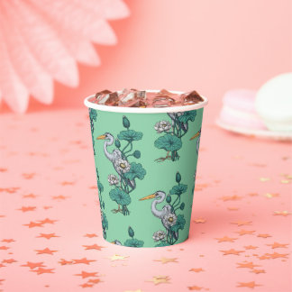 Heron in the White Lotus Garden on jade Paper Cups