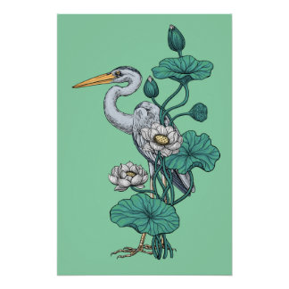 Heron in the White Lotus Garden on jade Poster