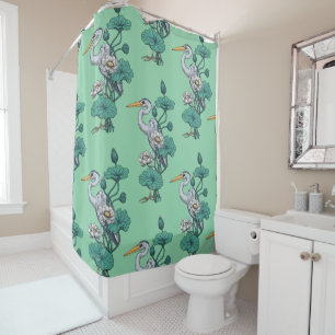 Heron in the White Lotus Garden on jade Shower Curtain