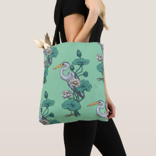 Heron in the White Lotus Garden on jade Tote Bag