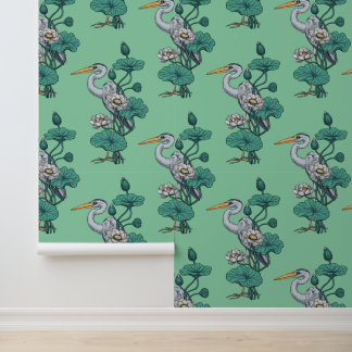 Heron in the White Lotus Garden on jade Wallpaper