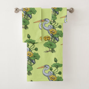 Heron in the Yellow Lotus Garden on honey dew Bath Towel Set