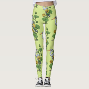 Heron in the Yellow Lotus Garden on honey dew Leggings