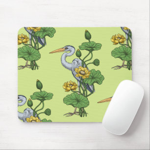 Heron in the Yellow Lotus Garden on honey dew Mouse Pad