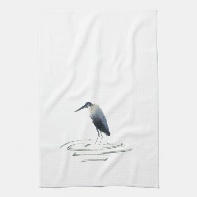Heron Meditation, Sumi-e Great Blue Heron Tea Towel (Vertical)