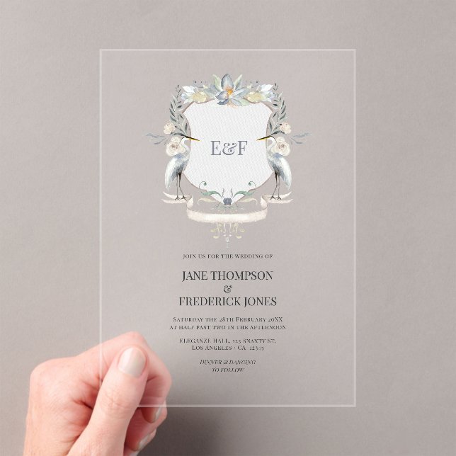 Heron Monogram Crest Elegant Lake Wedding Acrylic Invitations (Insitu (Handheld))