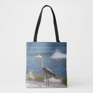 Heron on Beach with Ocean Waves Colour 8x10 Tote Bag