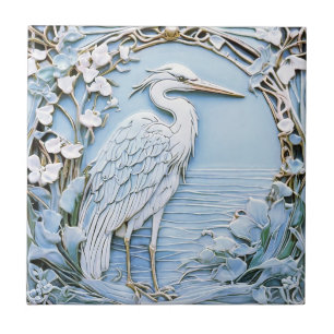 Heron Sea Bird Art Nouveau Faux Relief Right Blue Tile
