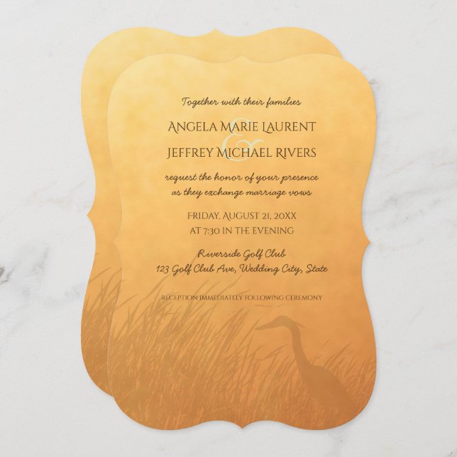 Heron silhouette sunset ombre wedding invitation (Front/Back)